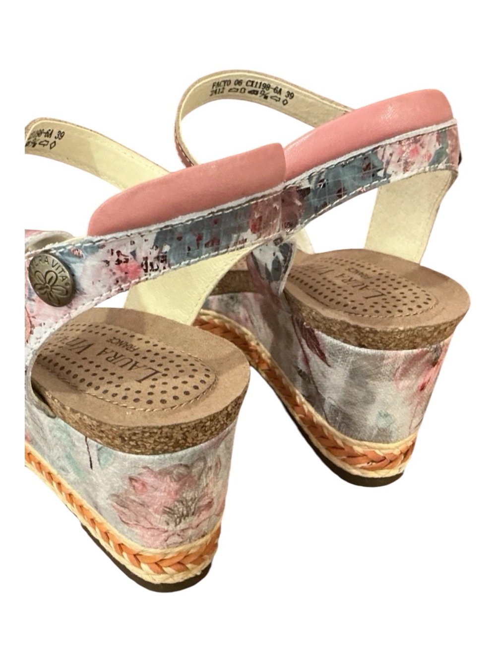 New Laura Vita France Floral Brown Pink Ankle-Strap Wedge Sandals Sz 39 - Picture 4 of 8